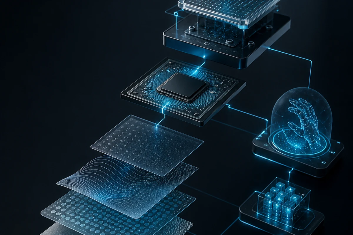 Humanoid tactile stack modules connected across sensor, edge AI, and feedback layers.