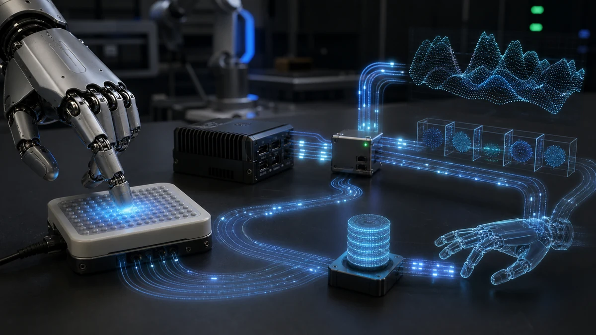 Robot hand tactile sensor connected to compact compute modules and blue middleware data lanes.