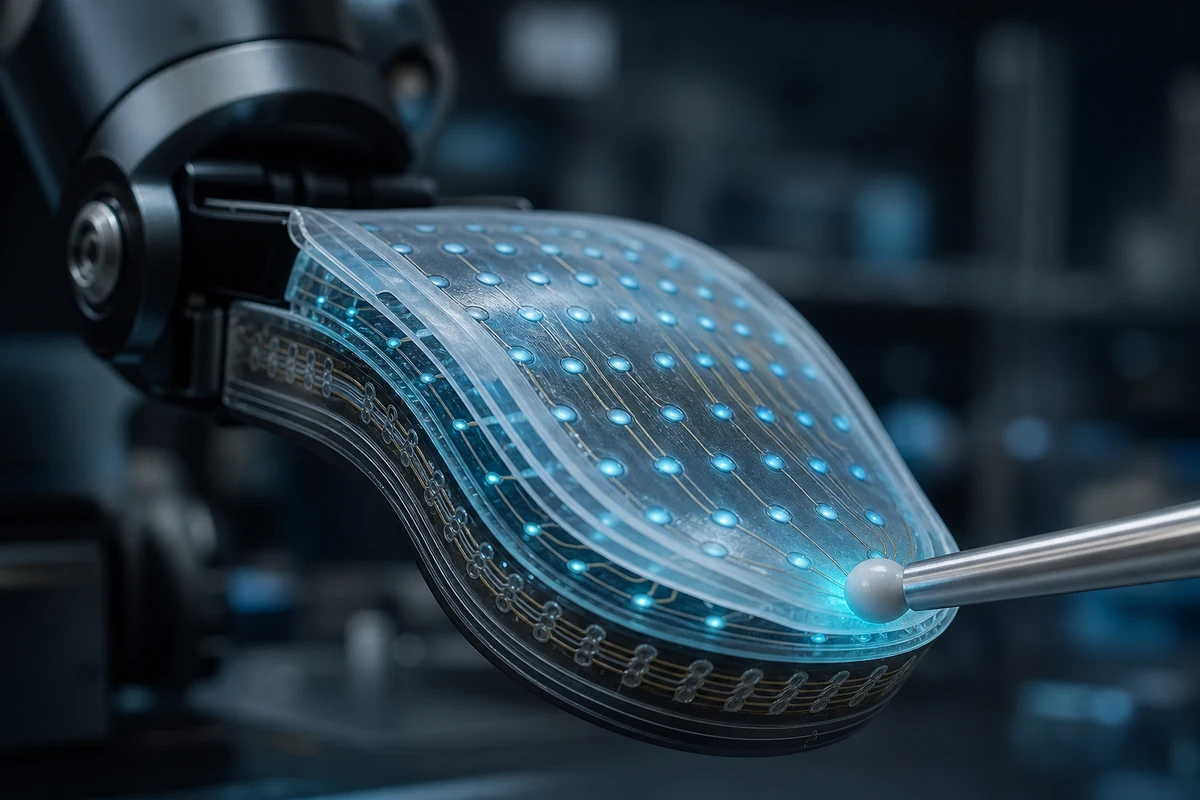 Flexible robotic skin sheet with glowing tactile sensor nodes detecting a contact point.