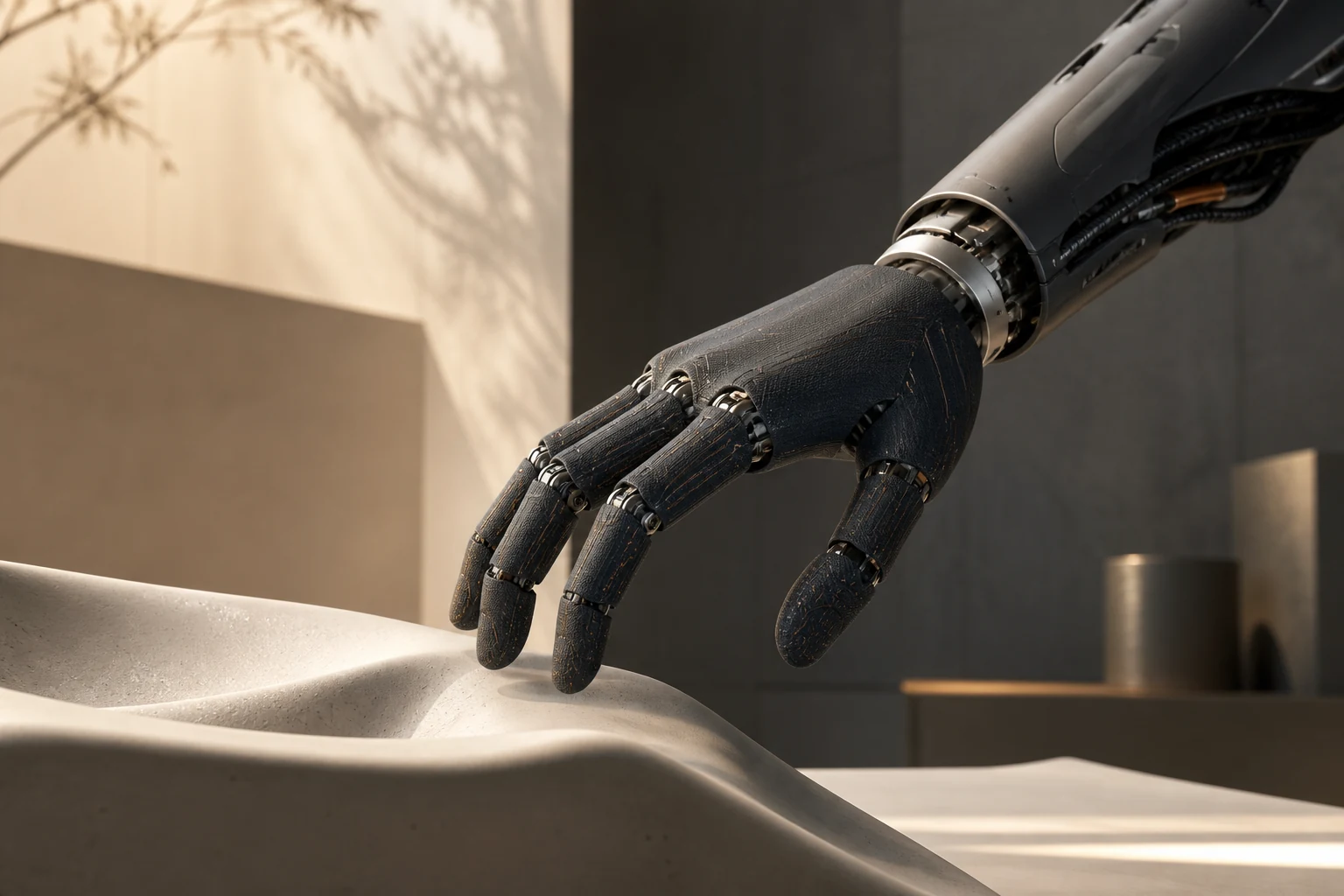 Graphite humanoid robotic hand with flexible tactile skin approaching a sculptural ceramic surface in a warm industrial studio.