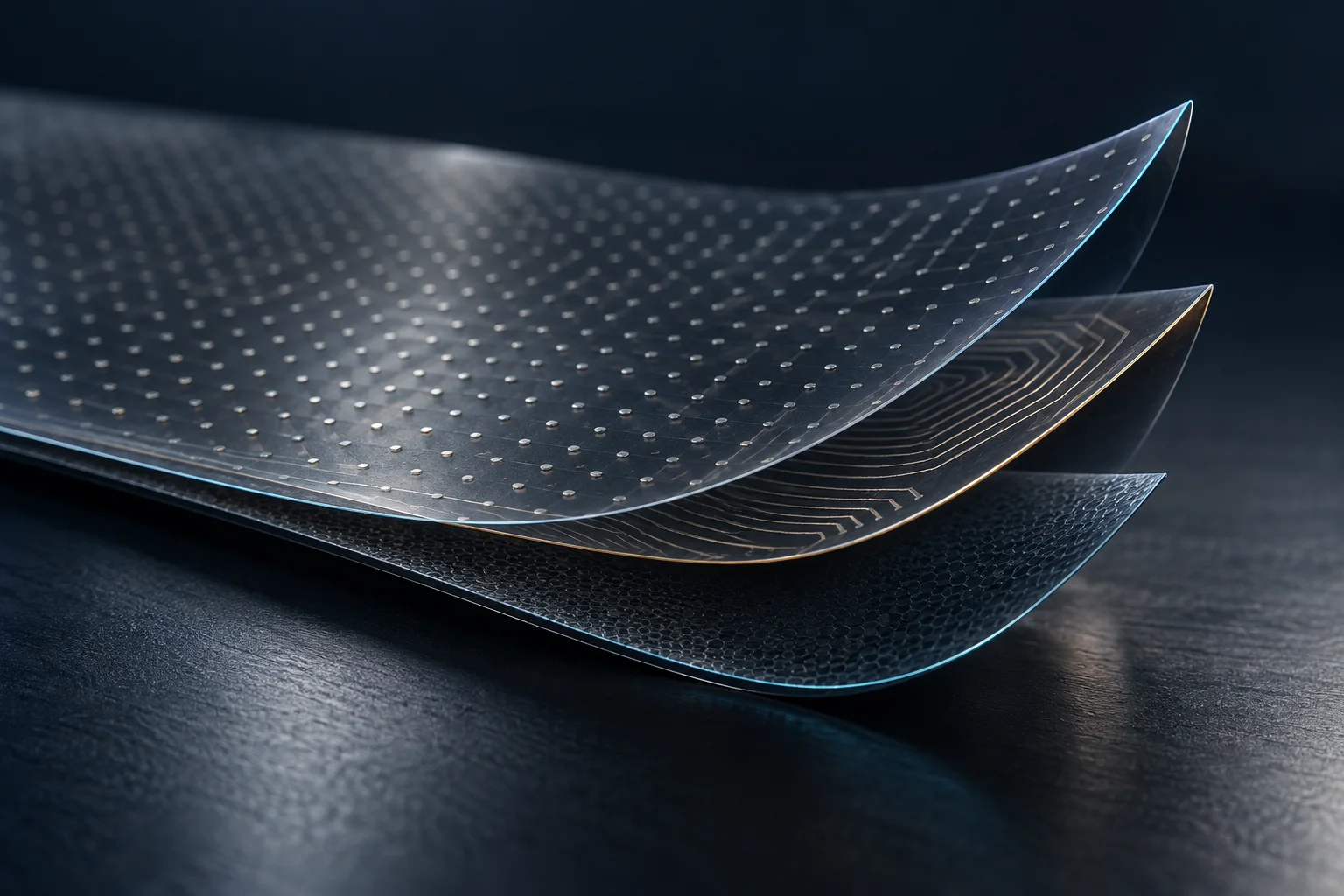 Concept rendering of flexible electronic skin layers, with a sensor matrix and fine conductors.